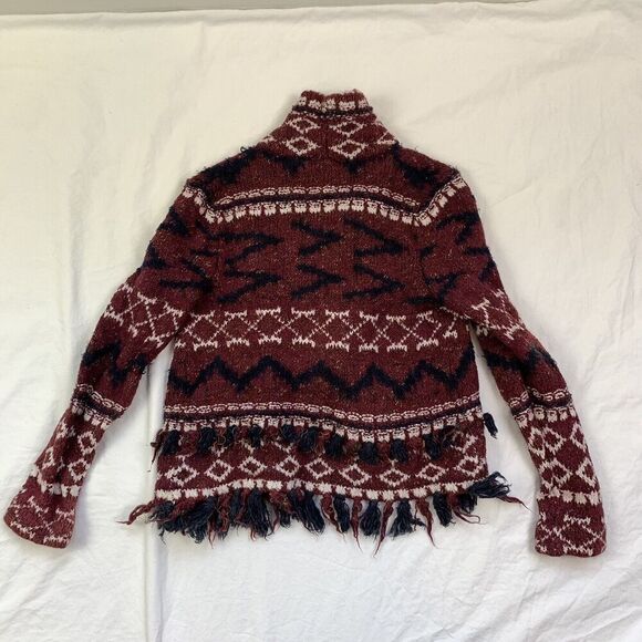 Anthropologie Moth Vera Fringe Cardigan XS S Sweater Aztec Cotton Red Cream Fall - Picture 11 of 15